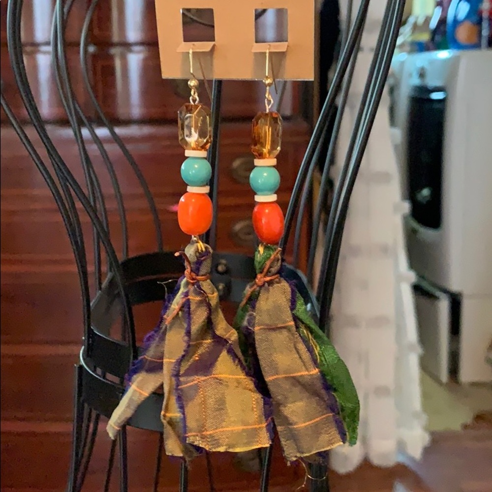 4.5” long homemade earrings with Swari silk